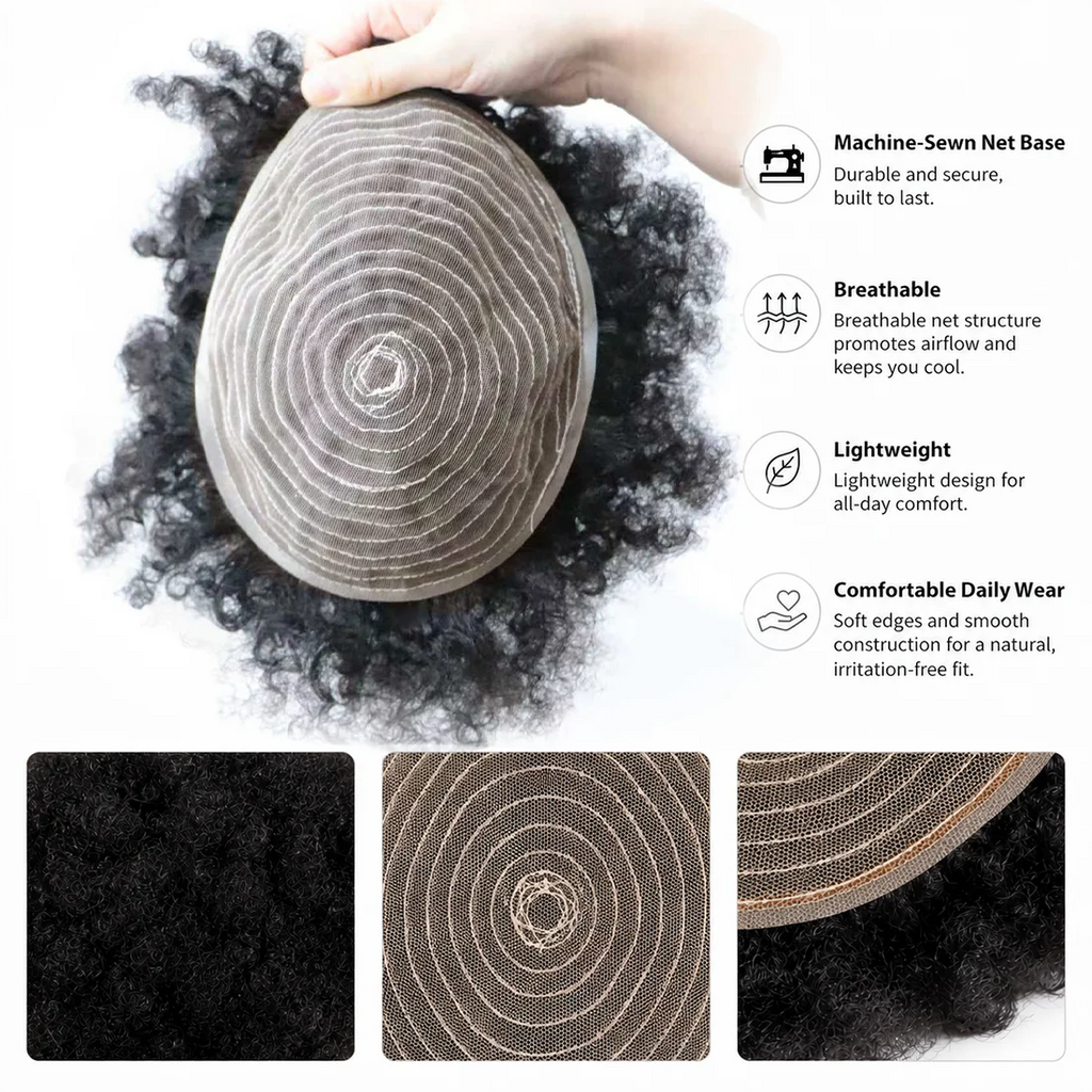 Curly hair toupee with hairstyle and base construction details