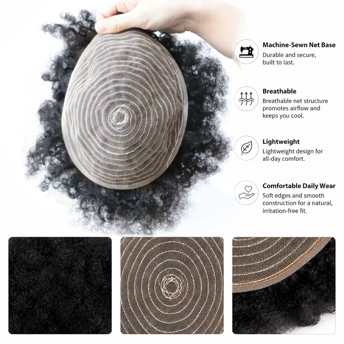 Curly hair toupee with hairstyle and base construction details