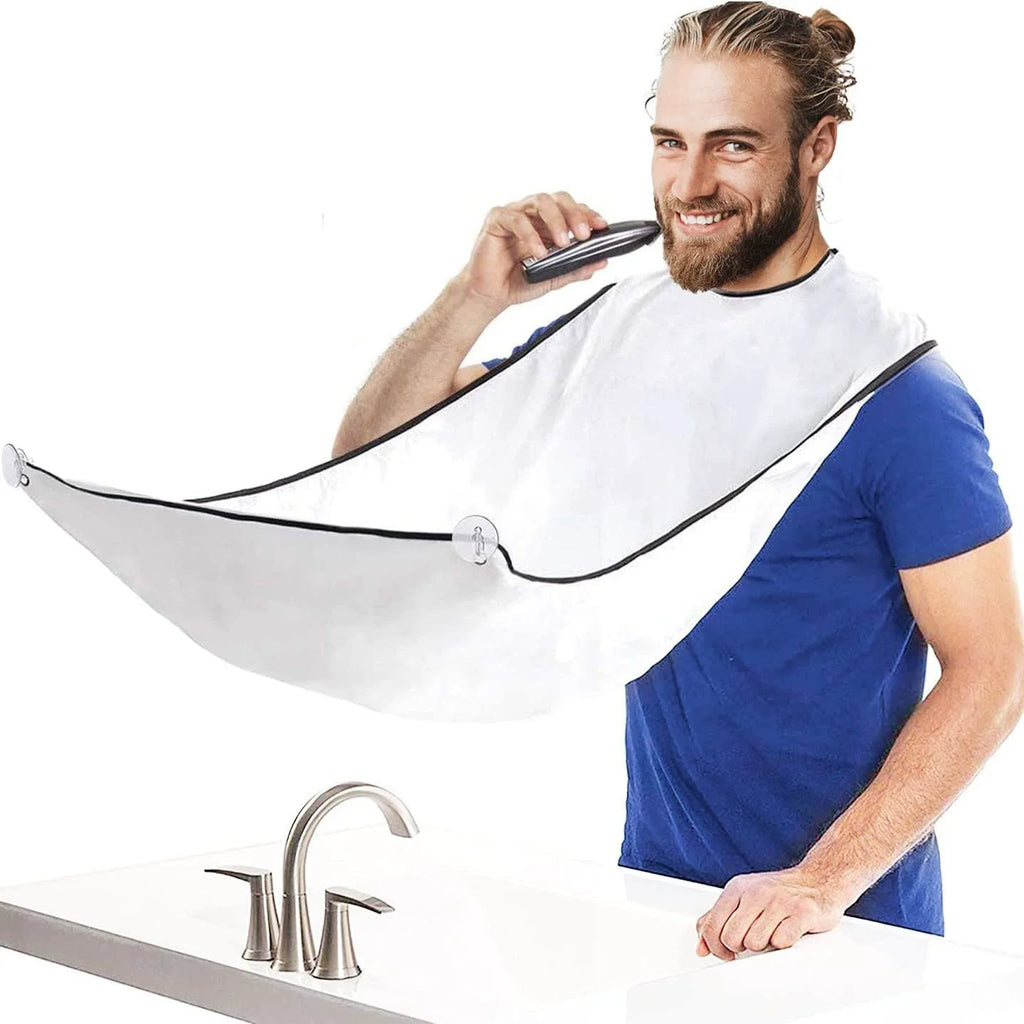 Beard-trimming apron shown worn during grooming and emptied afterward