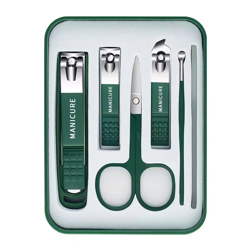 Manicure tools in a green case with nail clipper detail views