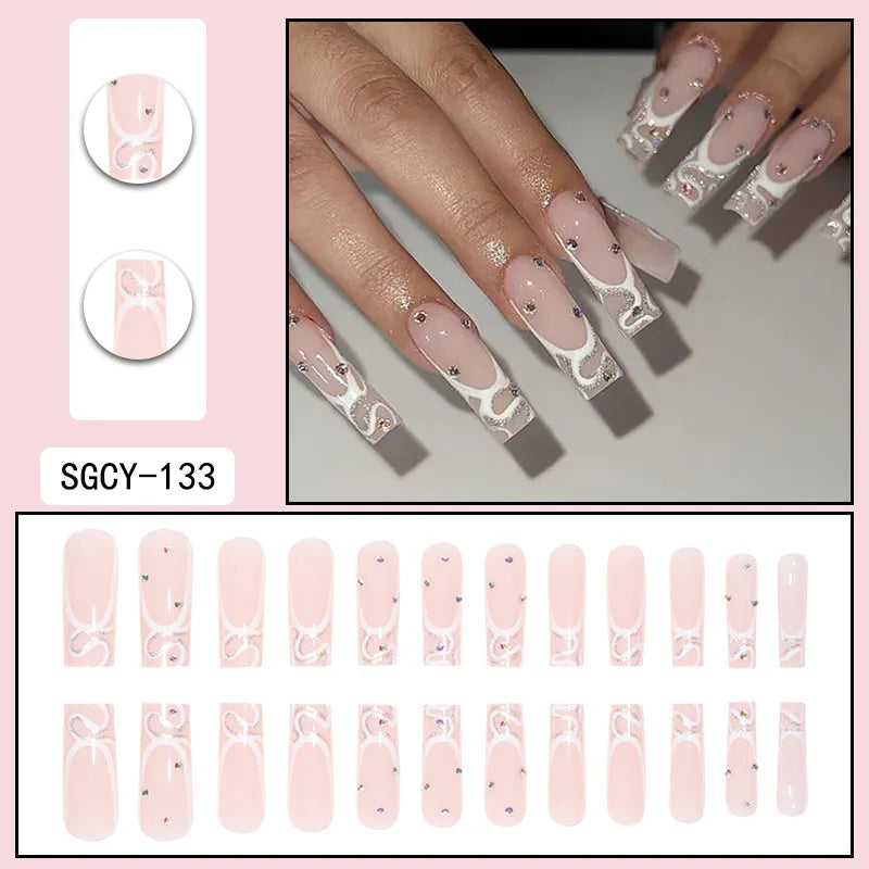 Press-on nail set with manicure example and design samples