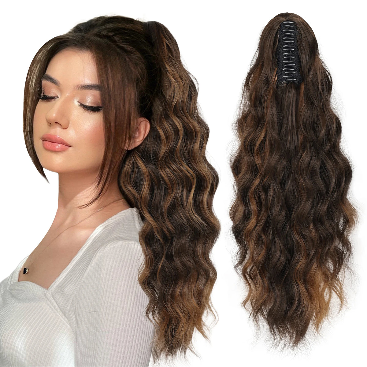 Wavy ponytail extension color shown with styling example