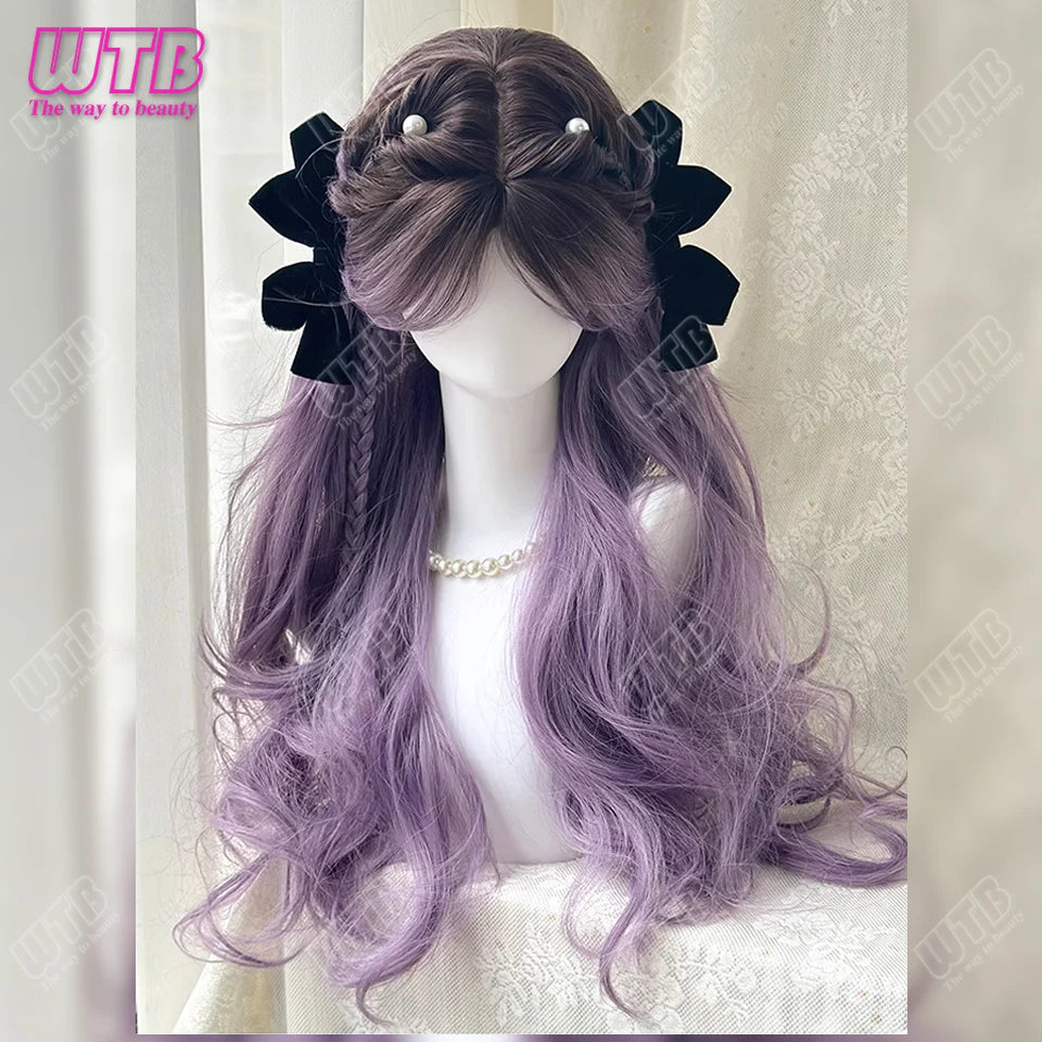 Long purple cosplay wig with decorative hair accessories