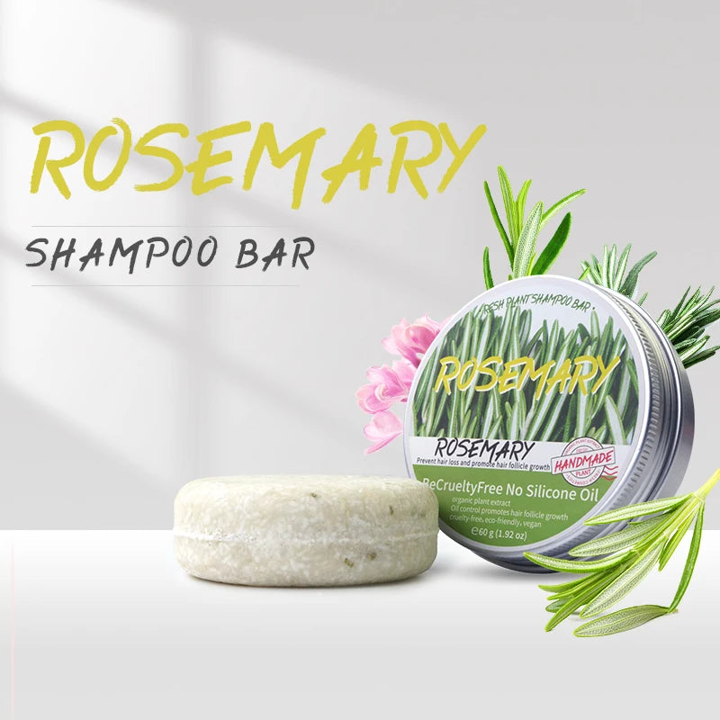 Rosemary shampoo bar with hair washing and promotional graphics