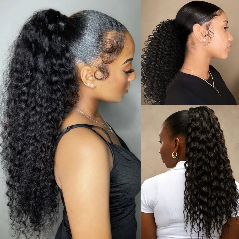 Curly ponytail extension shown with a styling example
