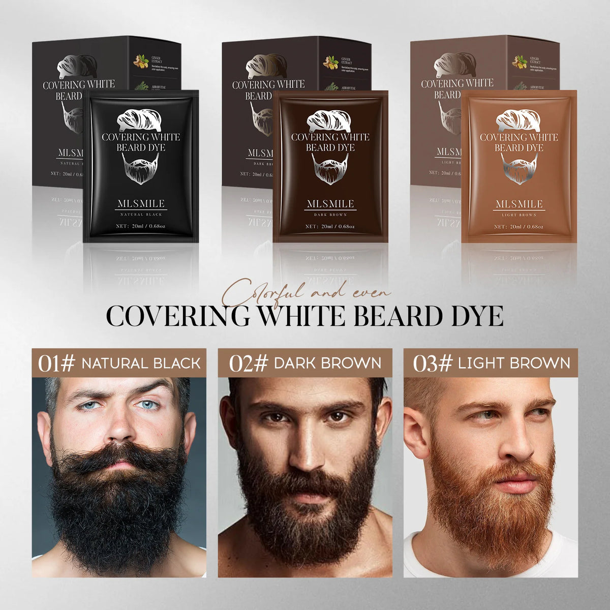 Beard dye cream with packaging and beard color examples