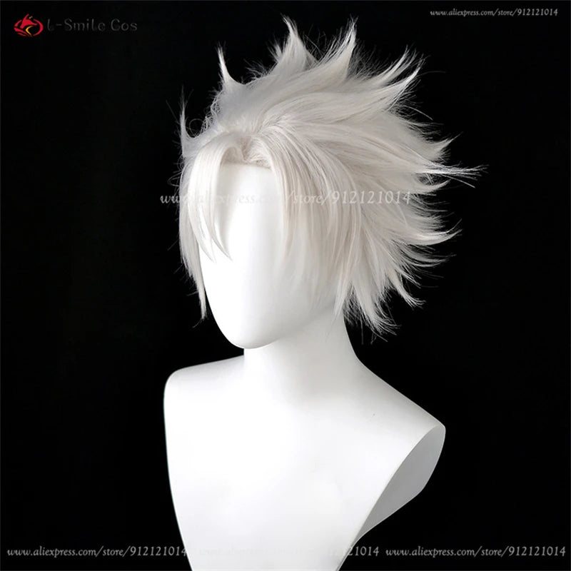 Short spiky white cosplay wig shown on a mannequin