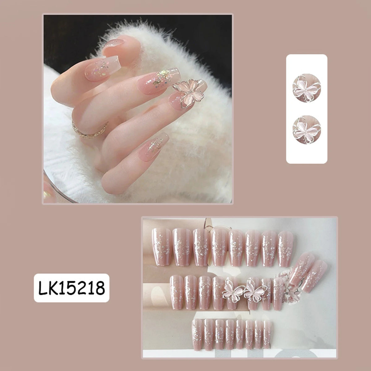 Press-on nail set with manicure example and shade samples