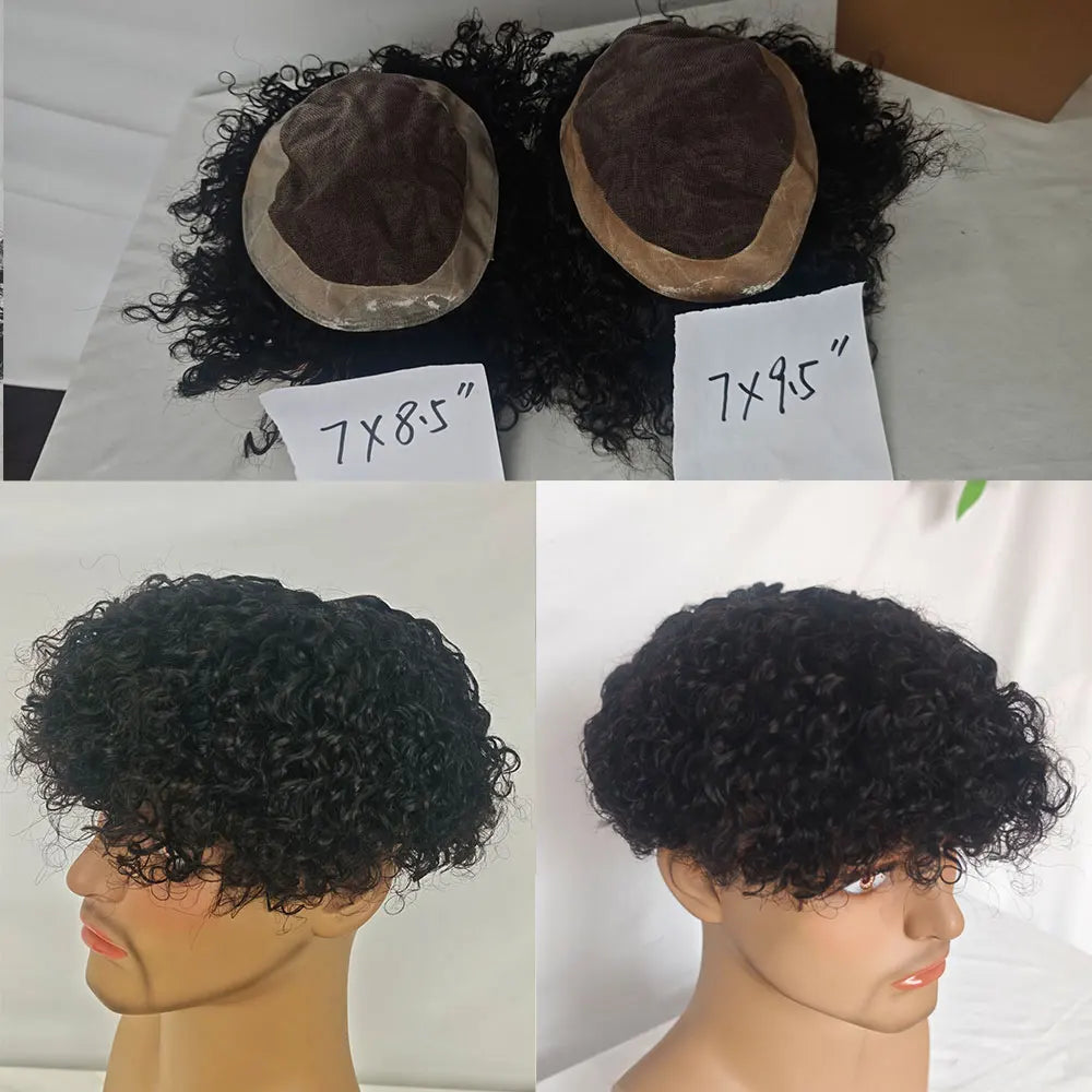 Curly hair toupee showing curl texture and base
