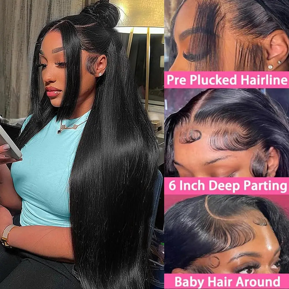 Long straight dark wig with hairline and styling examples