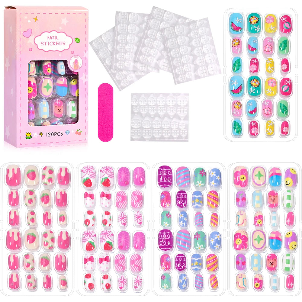 Assorted colorful press-on nails with packaging and manicure accessories