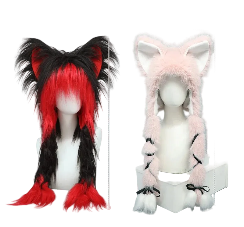 Y2K Cat Ear Plush Hat - Cute Braid Cosplay Cap- 9 Colors