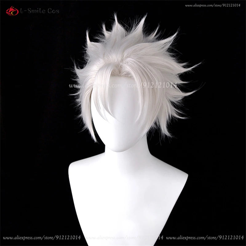 Short spiky white cosplay wig shown on a mannequin
