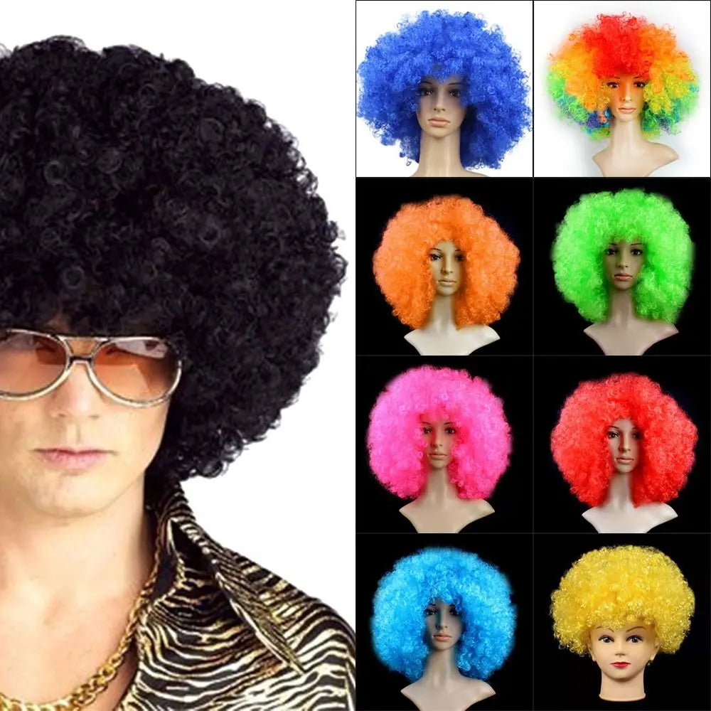Curly costume wig color options shown on mannequins