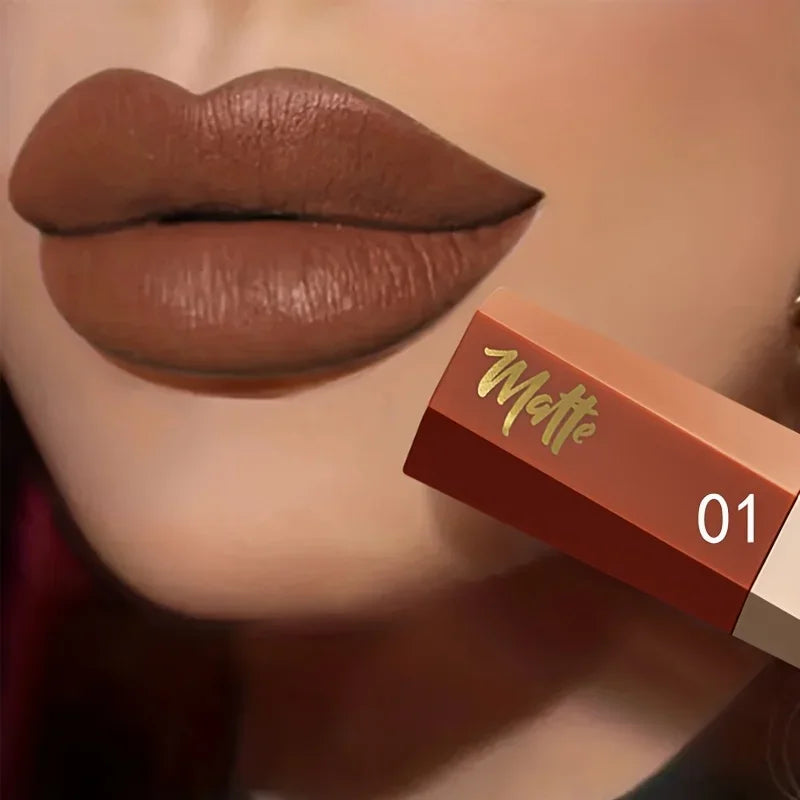 Liquid lipstick shade shown on lips beside its numbered tube