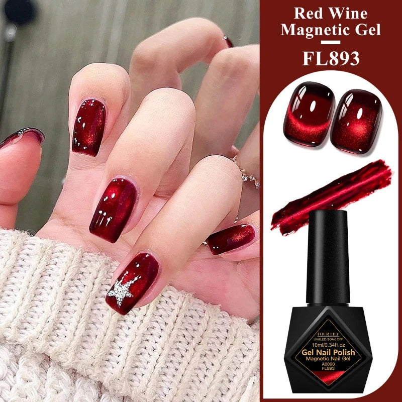 Red magnetic gel nail polish with painted nail examples and product details
