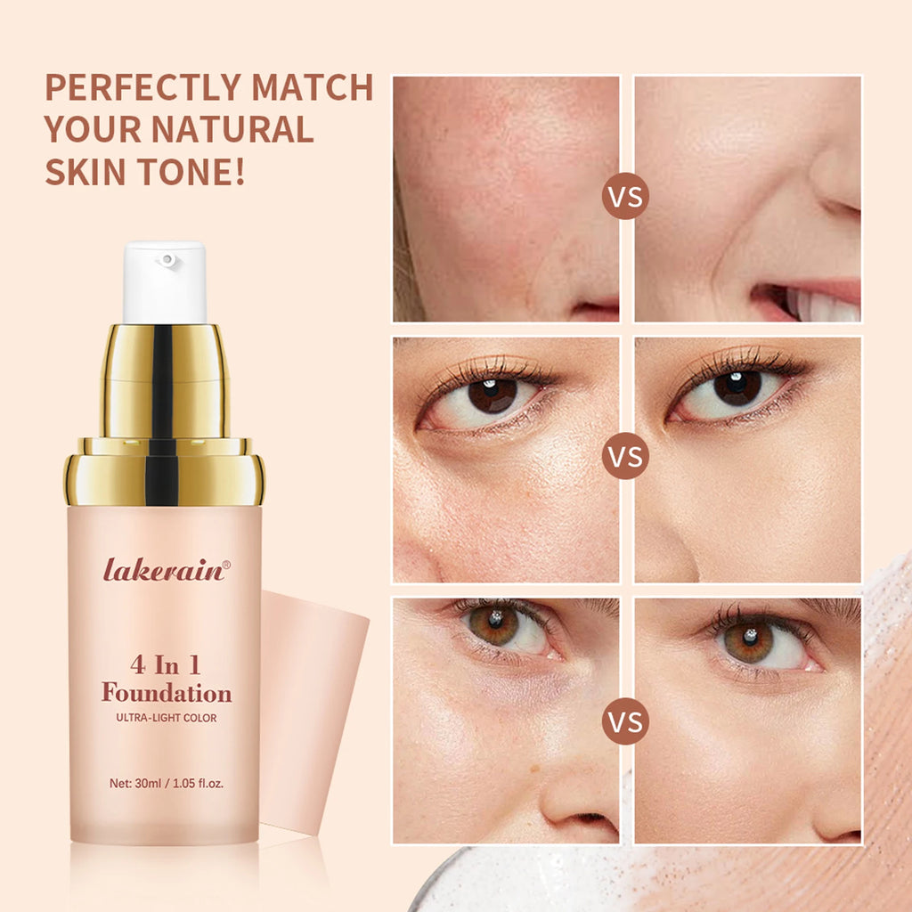 Foundation bottle with texture, application and promotional illustrations