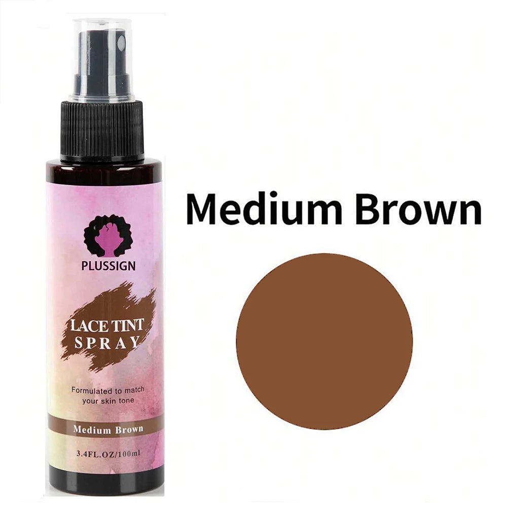 Wig lace tint spray bottle beside a brown shade sample