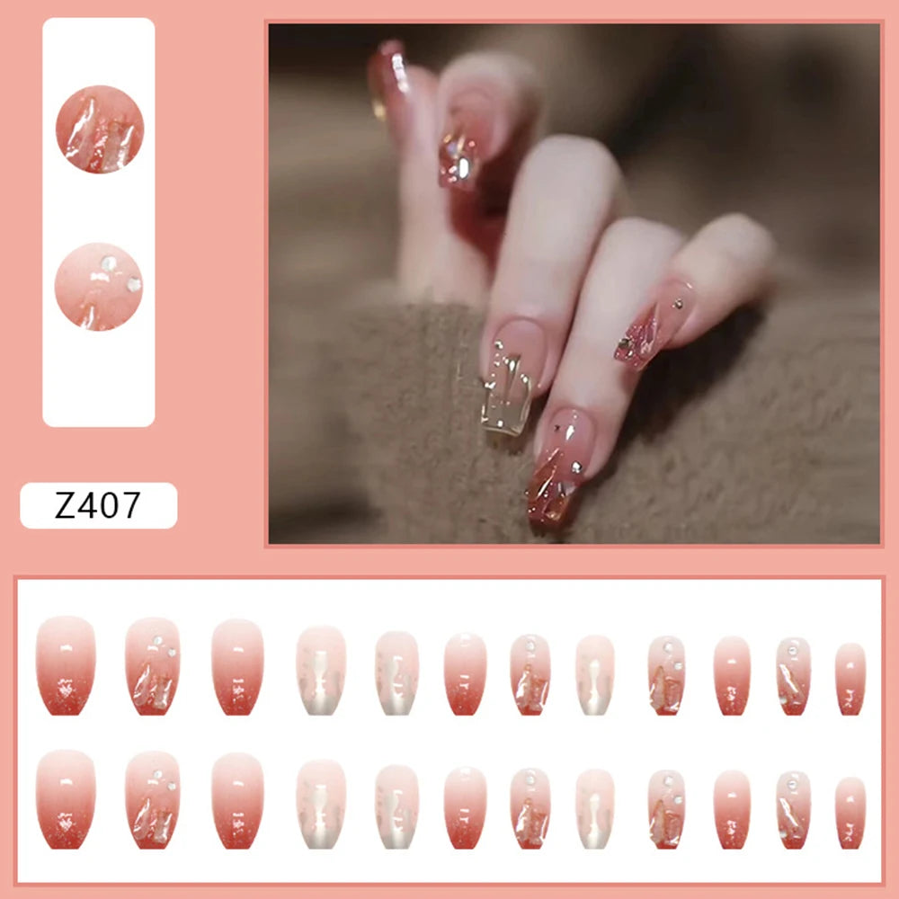 Press-on nail set with manicure example and shade samples