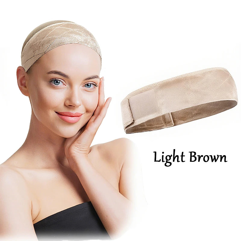 Wig grip headband color shown beside a model wearing it
