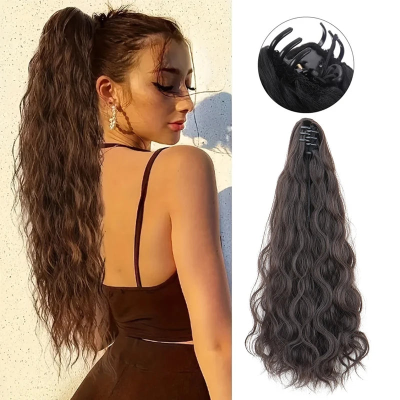 Curly claw-clip ponytail with styling and base examples