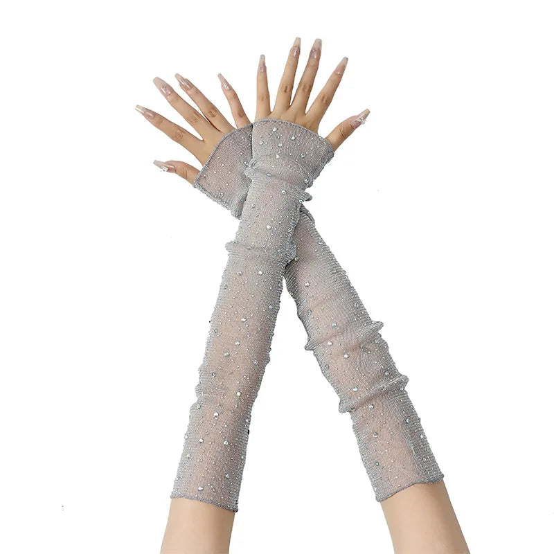 Long Fingerless Rhinestone Mesh Gloves