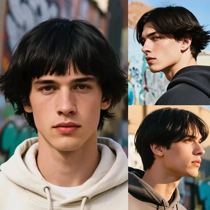 Short dark layered wig styled on a model