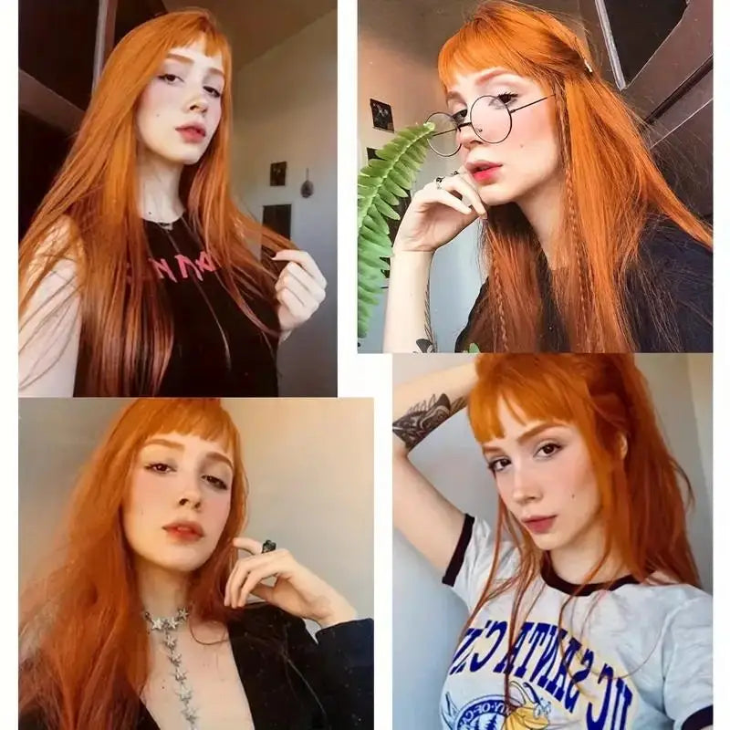Long orange straight wig with bangs and product details