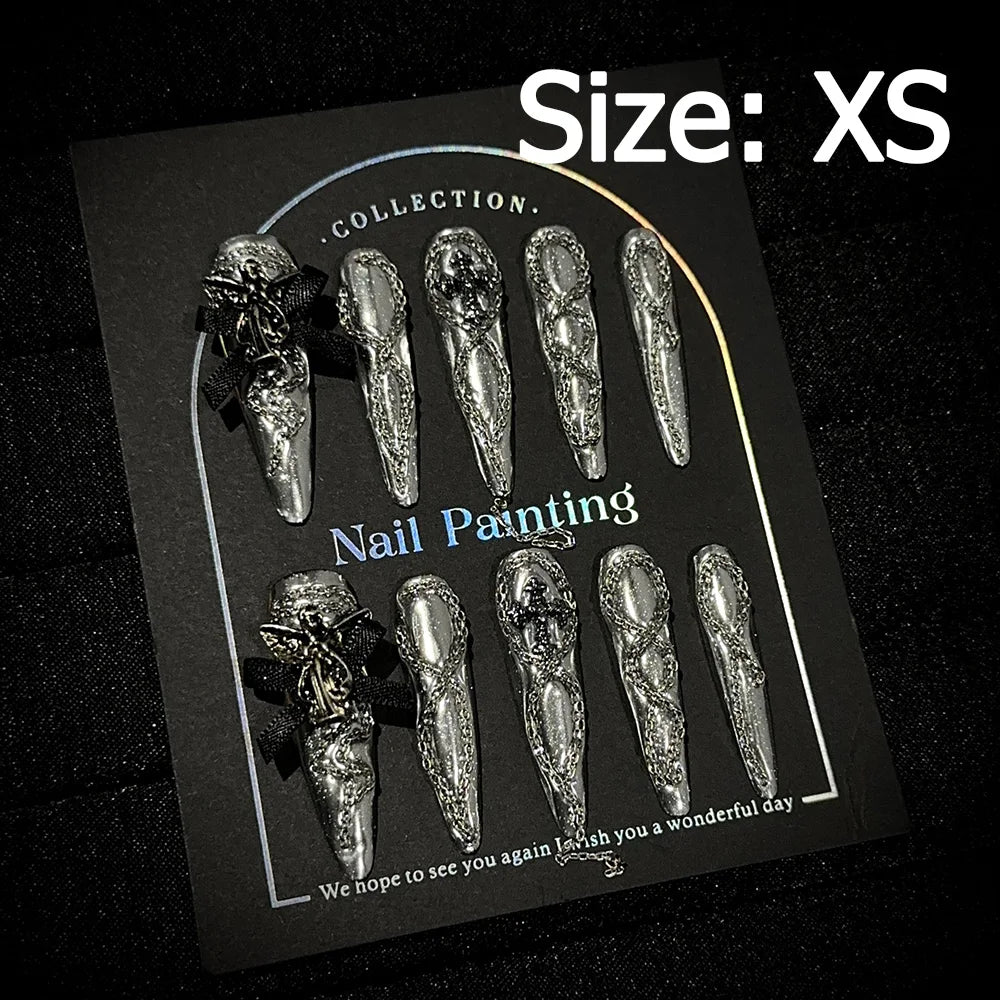 Gem-encrusted press-on nail set with size label