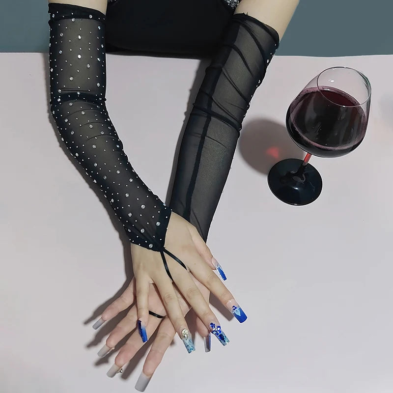 Glitter Rhinestone Long Mesh Party Gloves