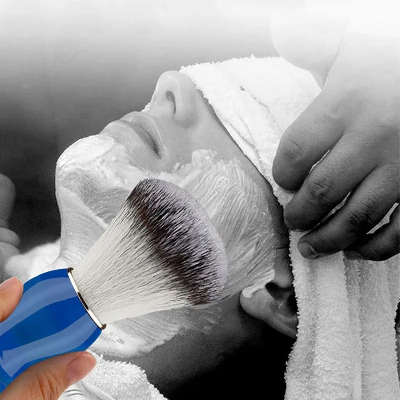 Shaving brush applying lather to a face