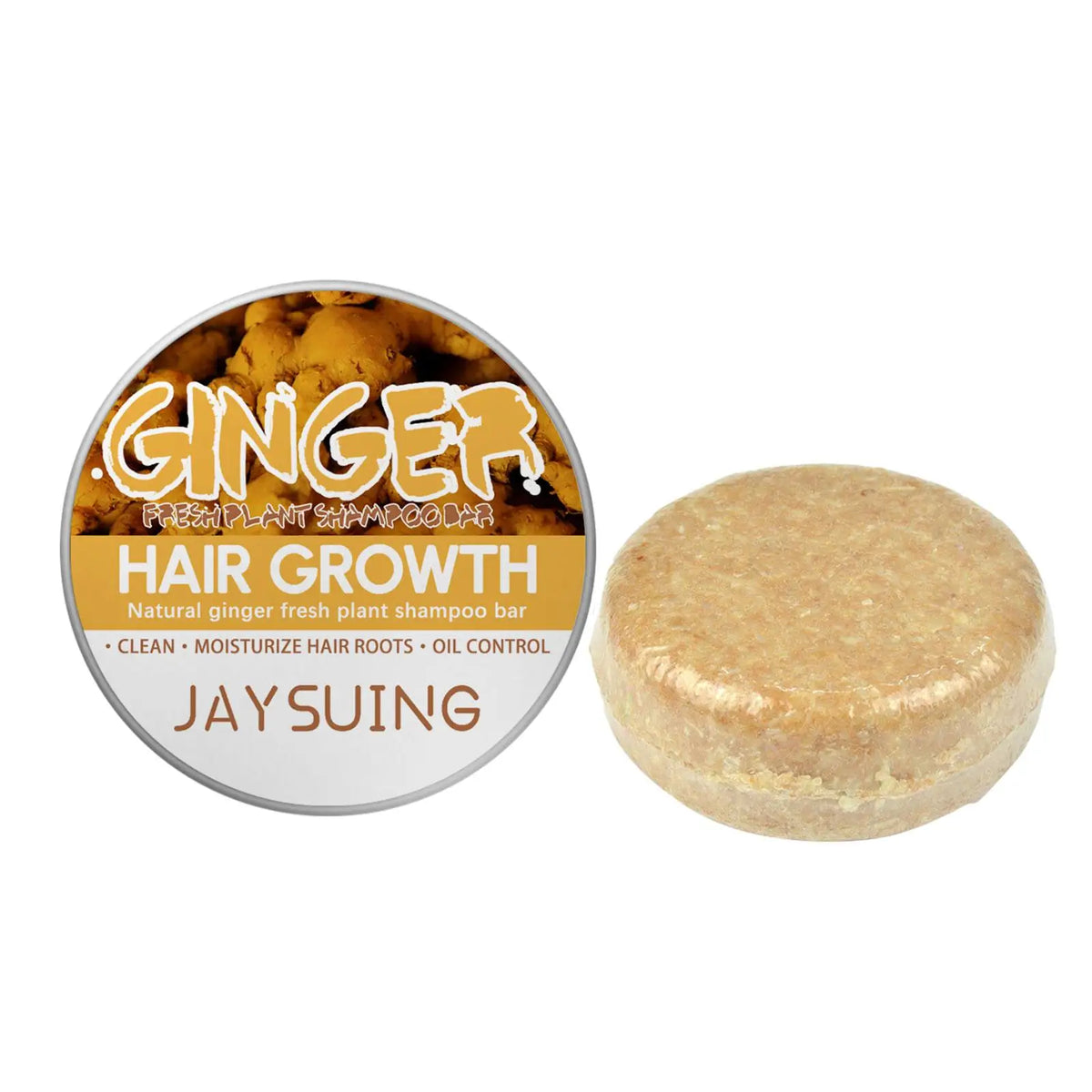 Round ginger shampoo bar beside its tin