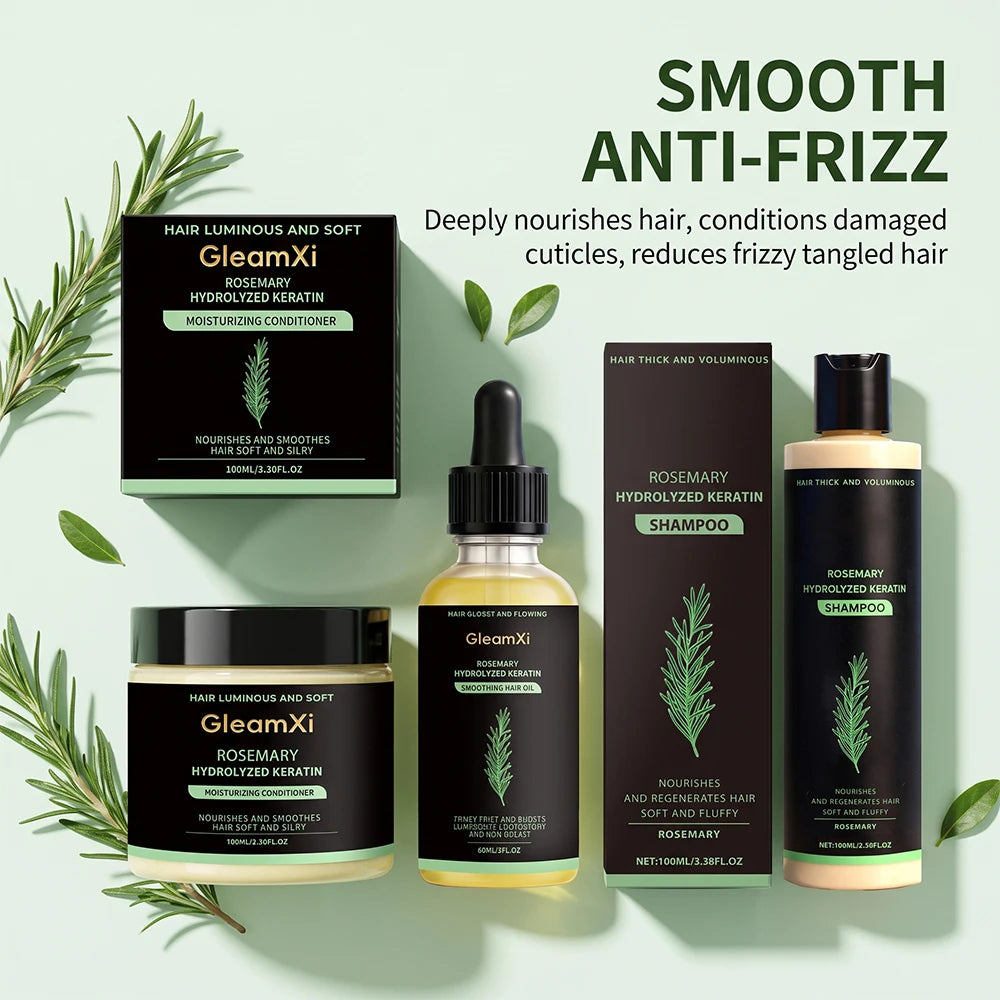 Rosemary hair care products with ingredient and use illustrations