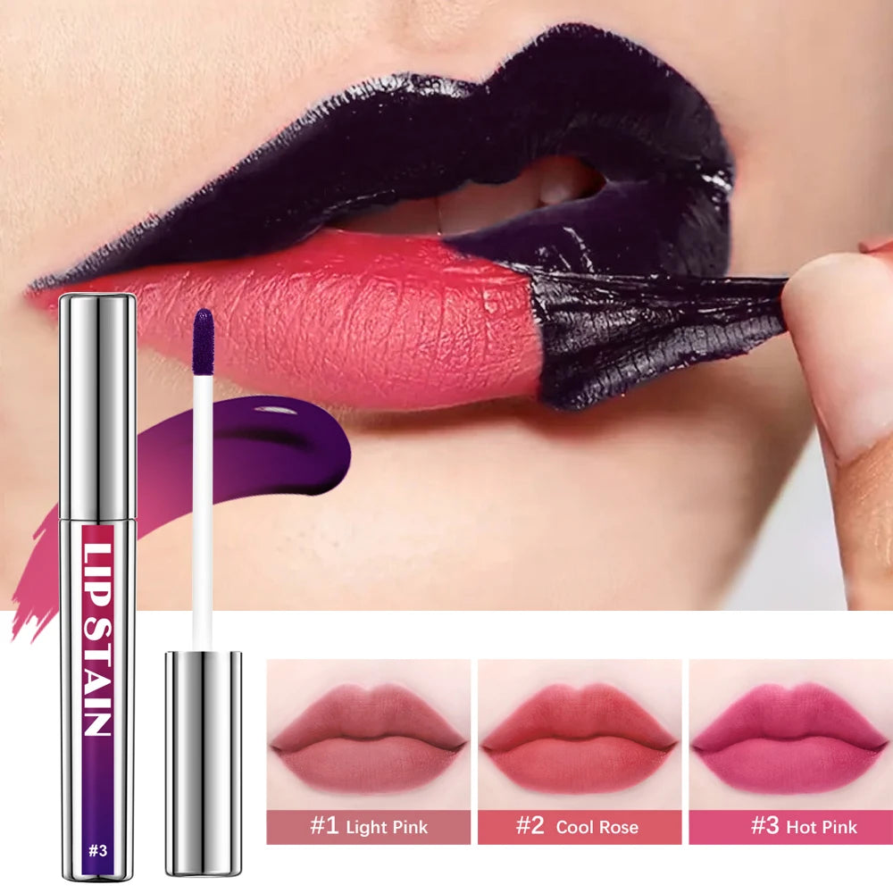 Peel-off lip stain with lip application and color swatch examples