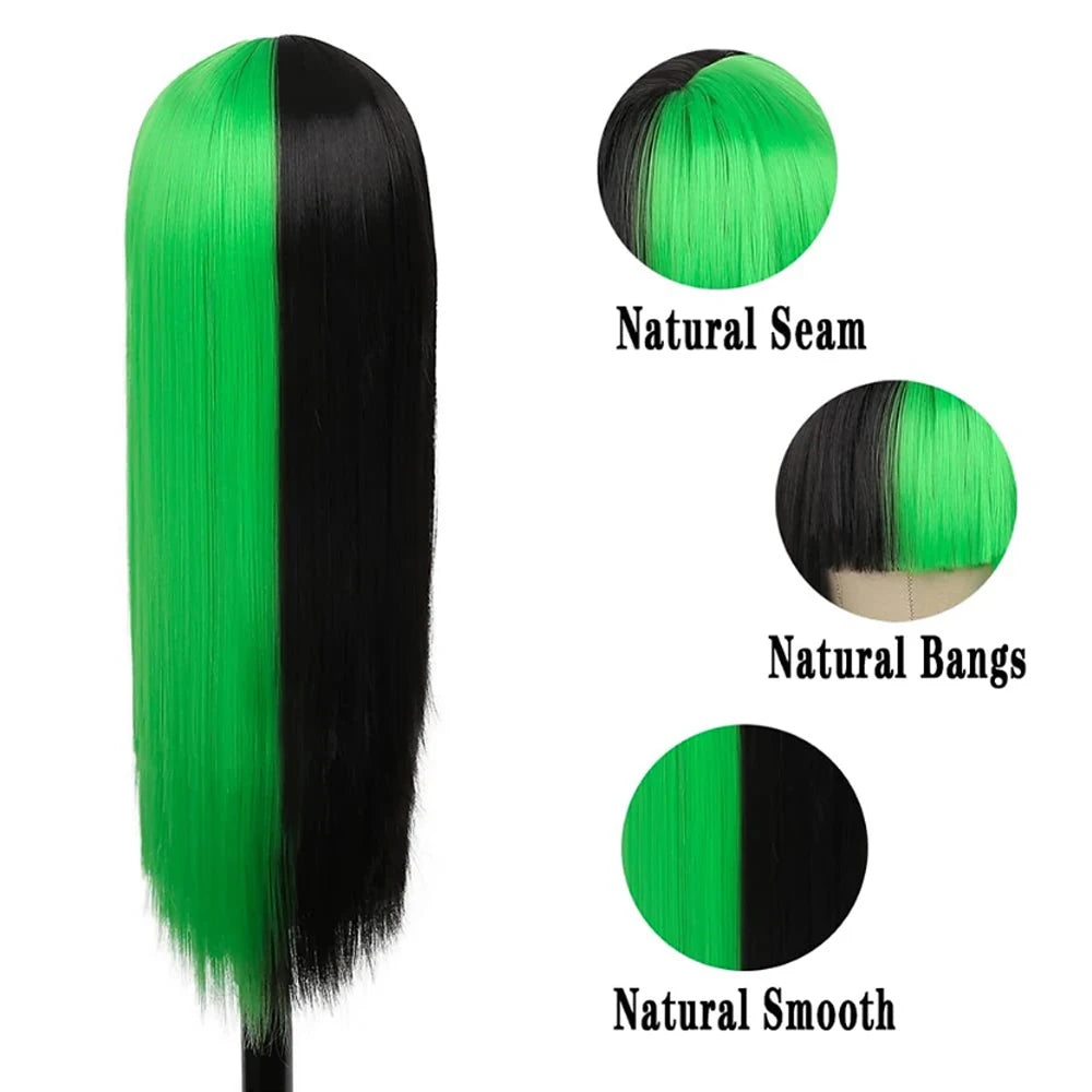Long black and green straight wig with bangs
