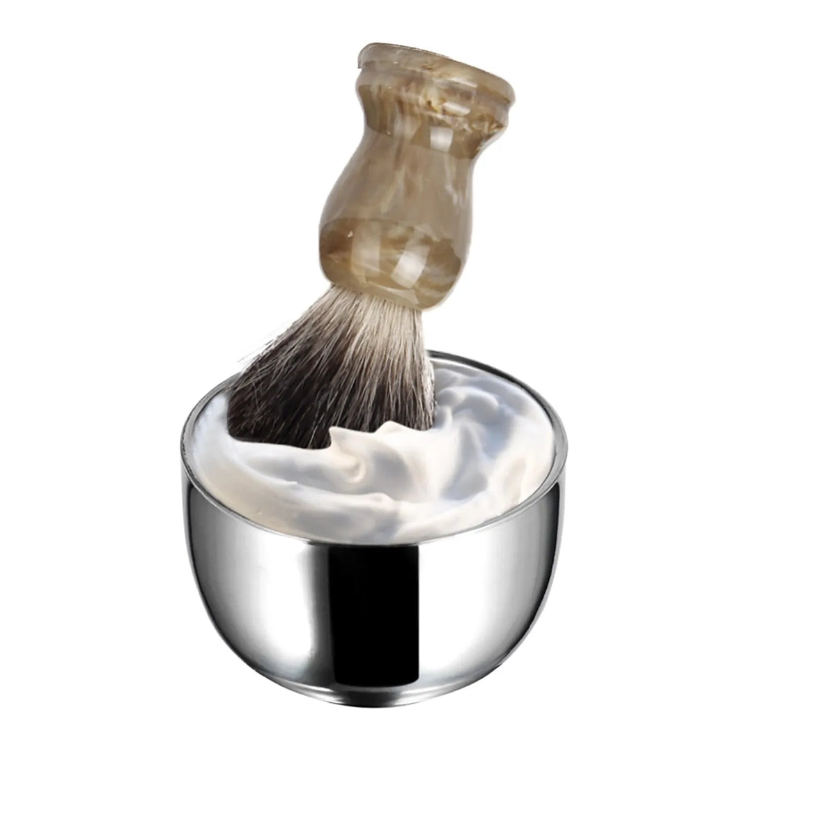 Shaving brush resting in a metal bowl
