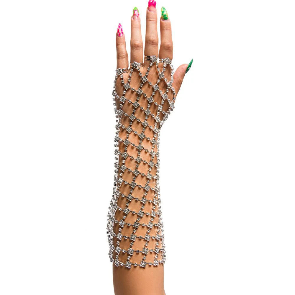 Luxury Rhinestone Long Mesh Arm Sleeve & Hand Chain Set