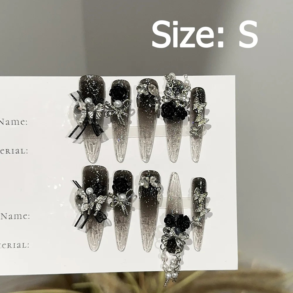 Gem-encrusted press-on nail set with size label