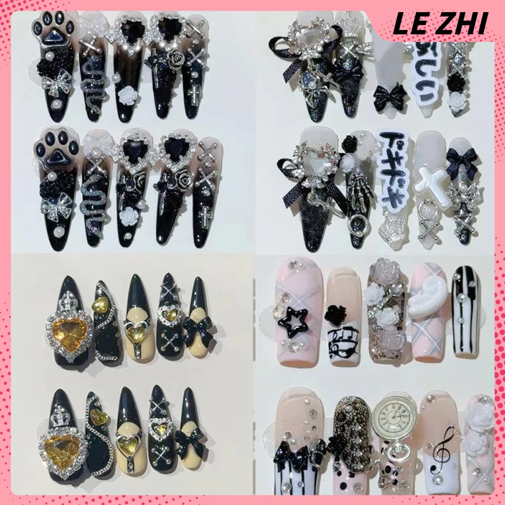 Decorated press-on nail sets with raised embellishments on display cards
