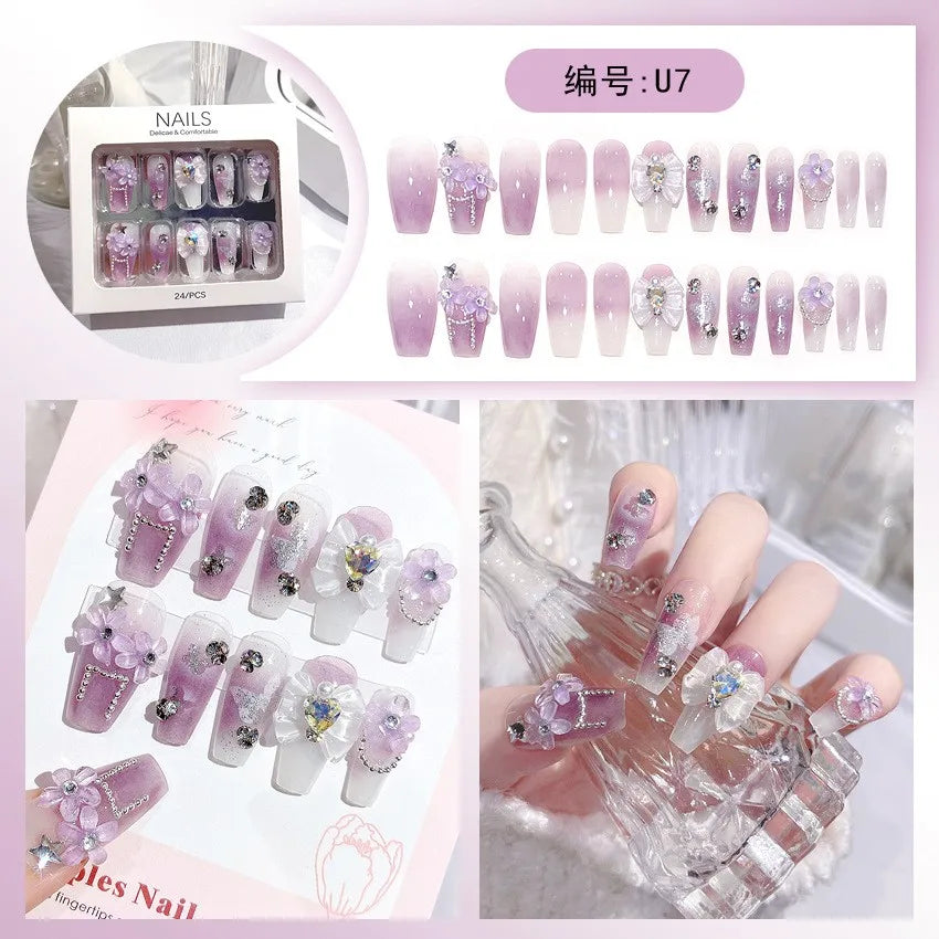 Press-on nail set with manicure example and design samples