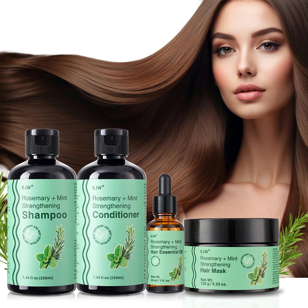 Rosemary hair care products with ingredient and hairstyle illustrations