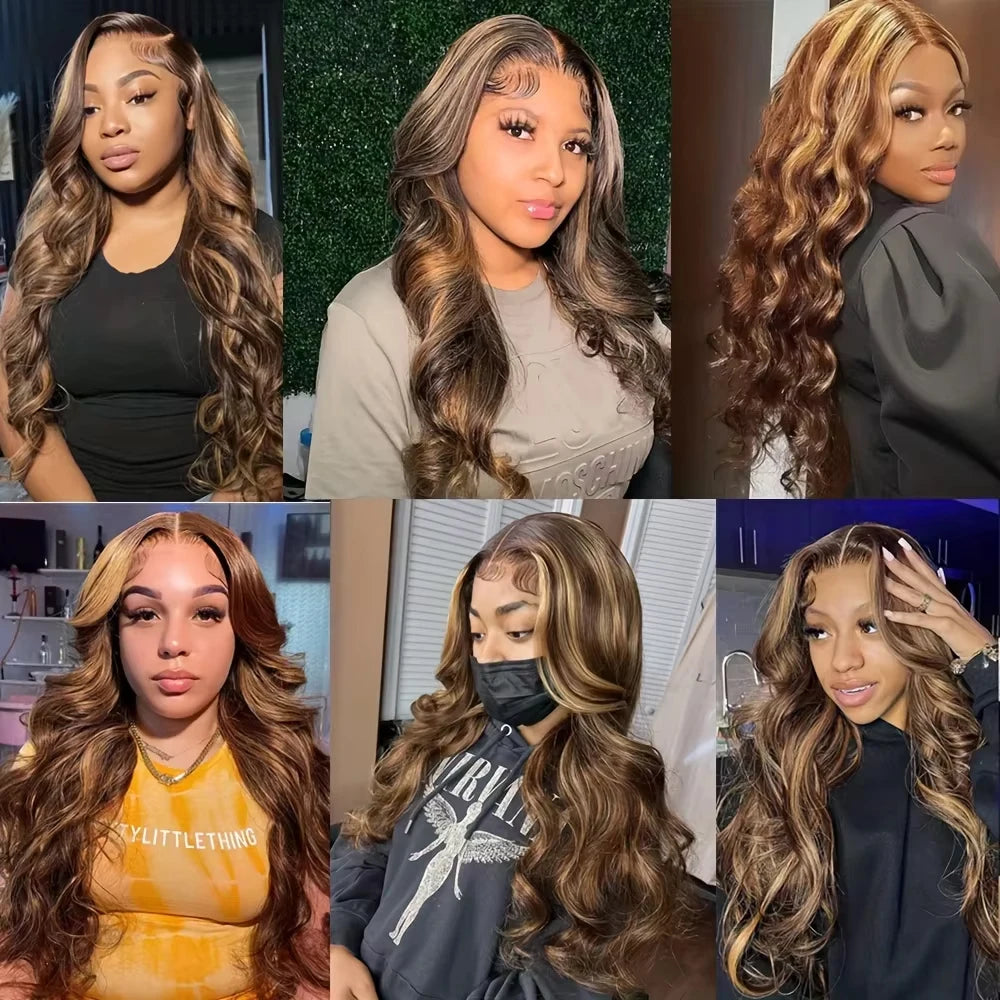 Highlighted brown wavy wig with styling and hairline examples