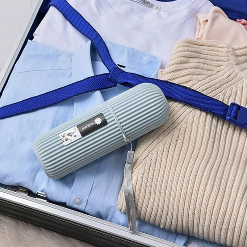 Travel toothbrush case with storage and use examples