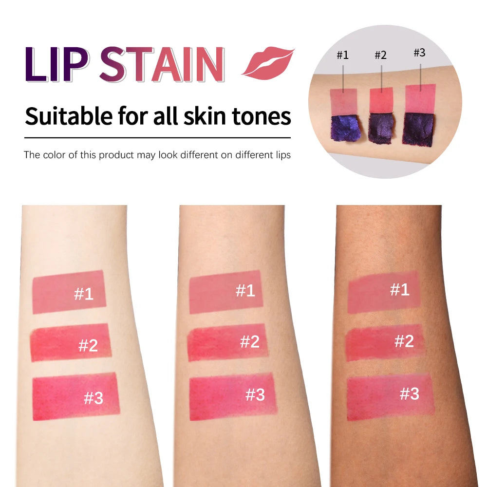 Peel-off lip stain with lip application and color swatch examples