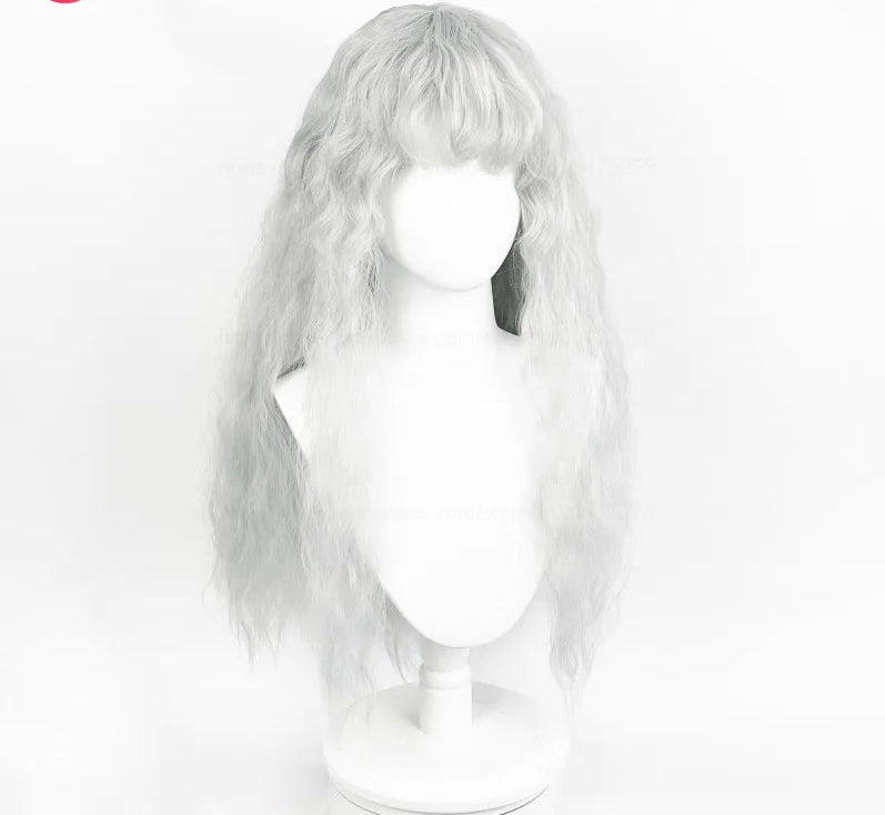 Long white wavy cosplay wig shown on a mannequin