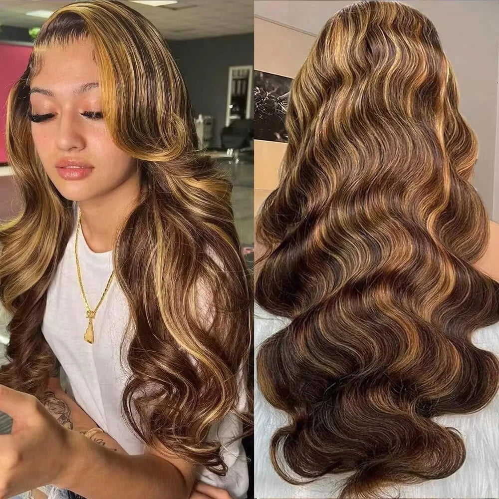 Highlighted brown wavy wig with styling and hairline examples