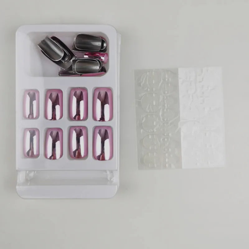 Pink chrome press-on nail kit with accessories