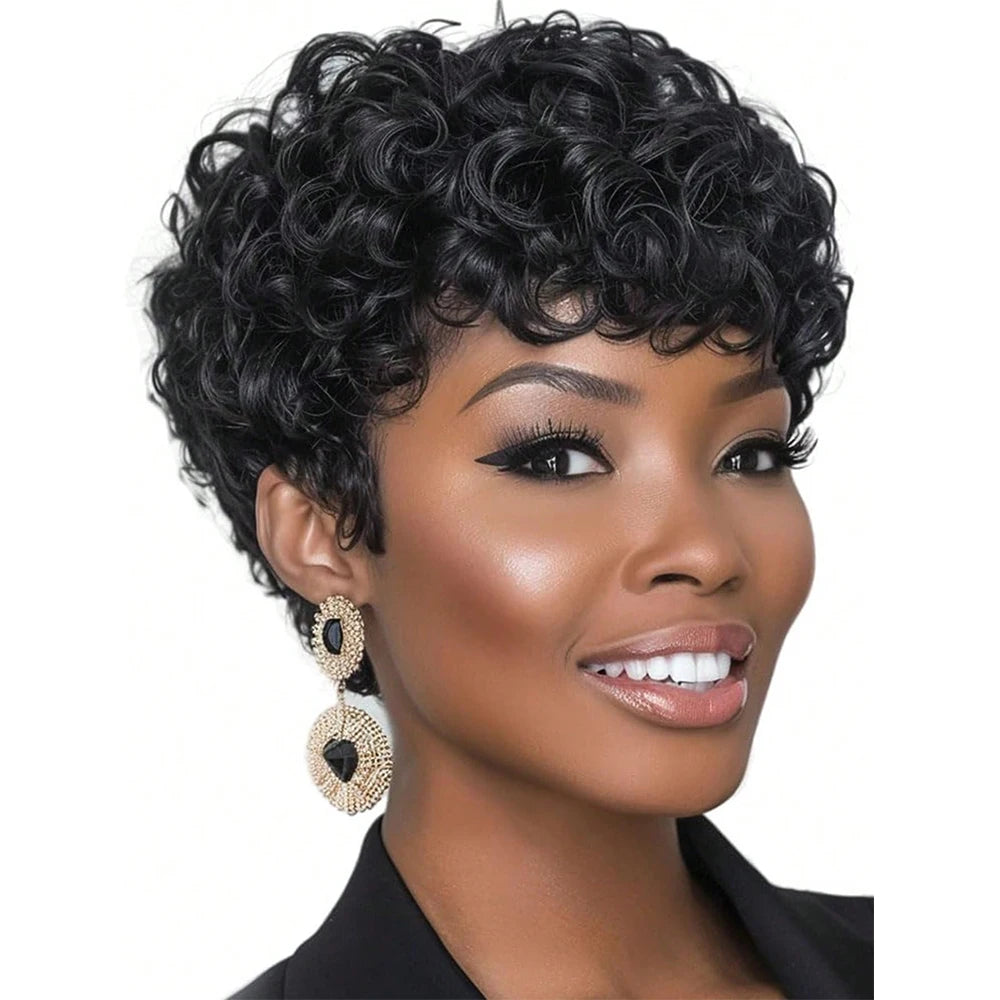 Short curly wig shown from different angles