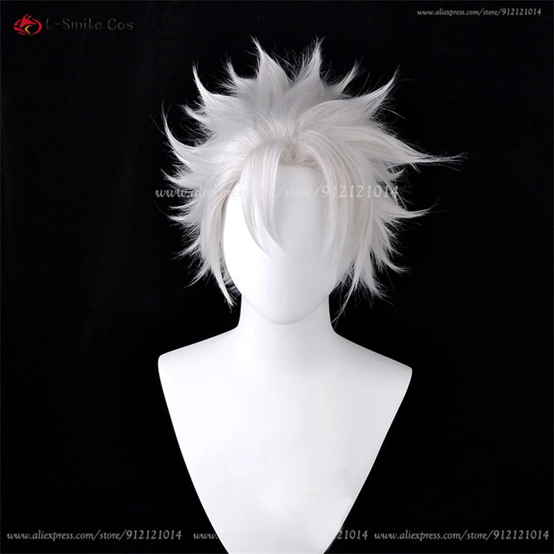 Short spiky white cosplay wig shown on a mannequin