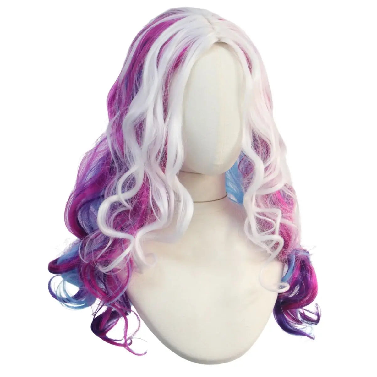 Long colorful wavy wig shown on a mannequin